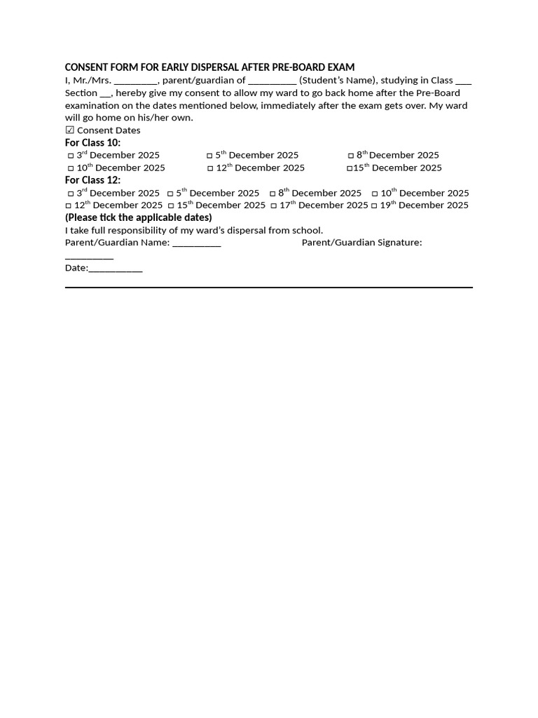Early Dispersal Consent Form Template | PDF
