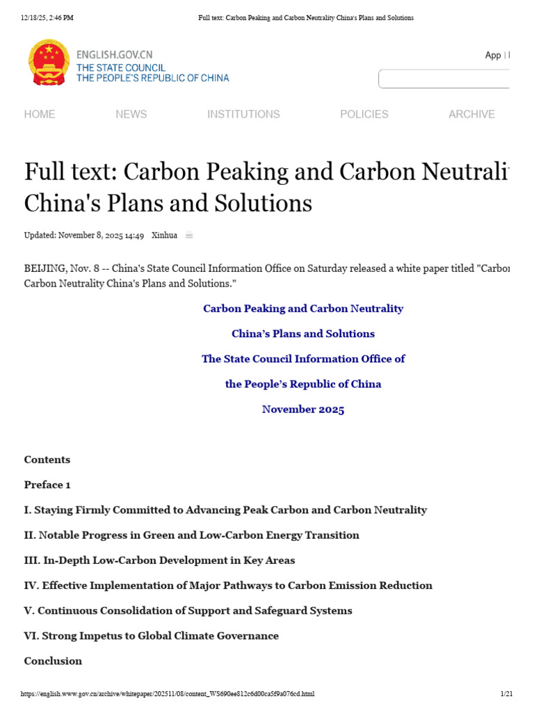 Full Text - Carbon Peaking and Carbon Neutrality China's Plans and ...