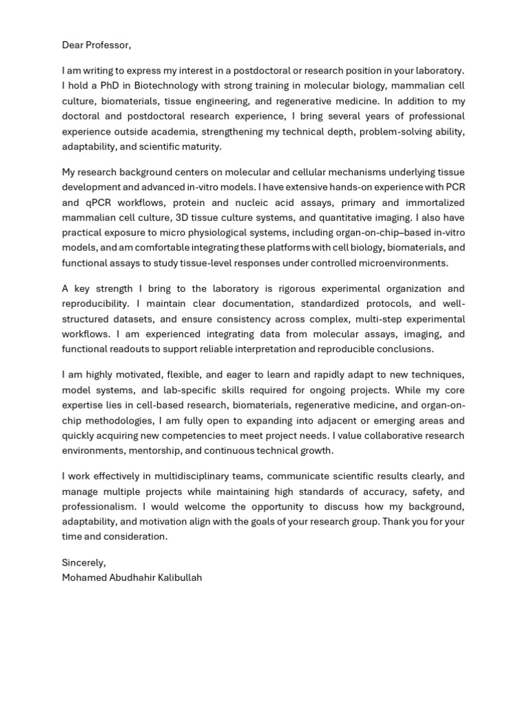 Postdoctoral Research Position Inquiry | PDF