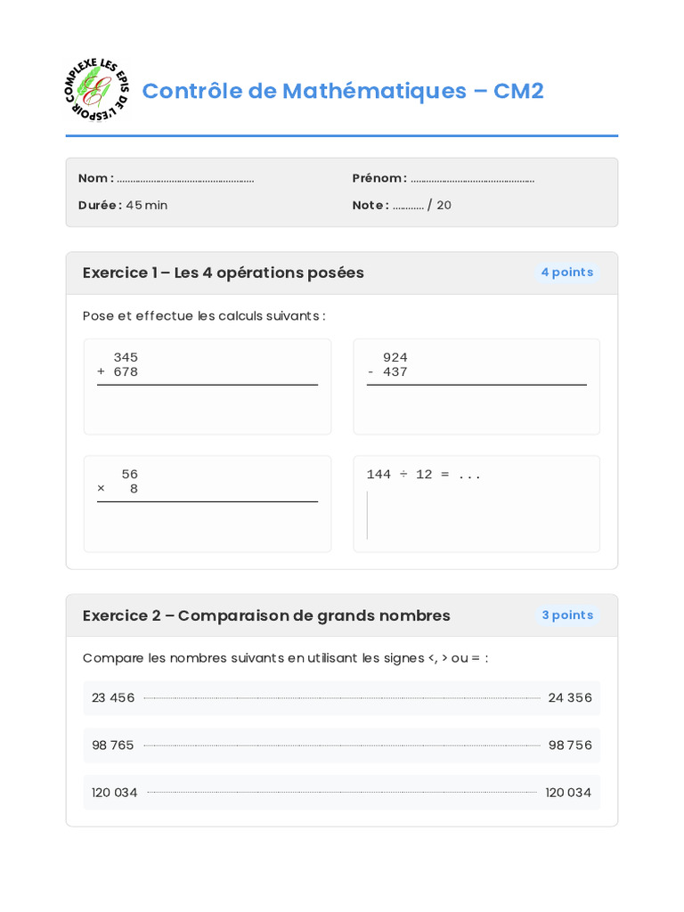 Controle Mathematiques cm2 | PDF