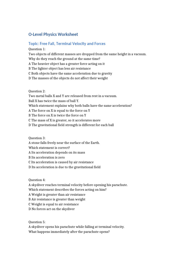 O Level Physics Free Fall MCQs | PDF | Weight | Force