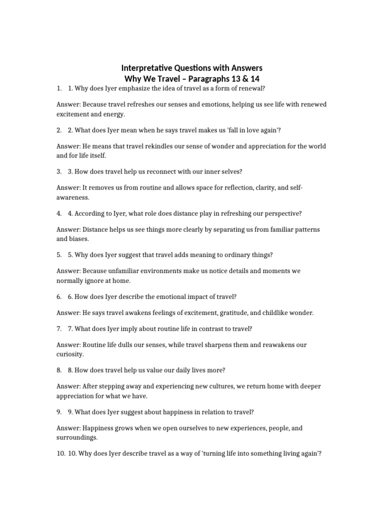 Interpretative Questions Why We Travel para 13 14 | PDF | Happiness ...