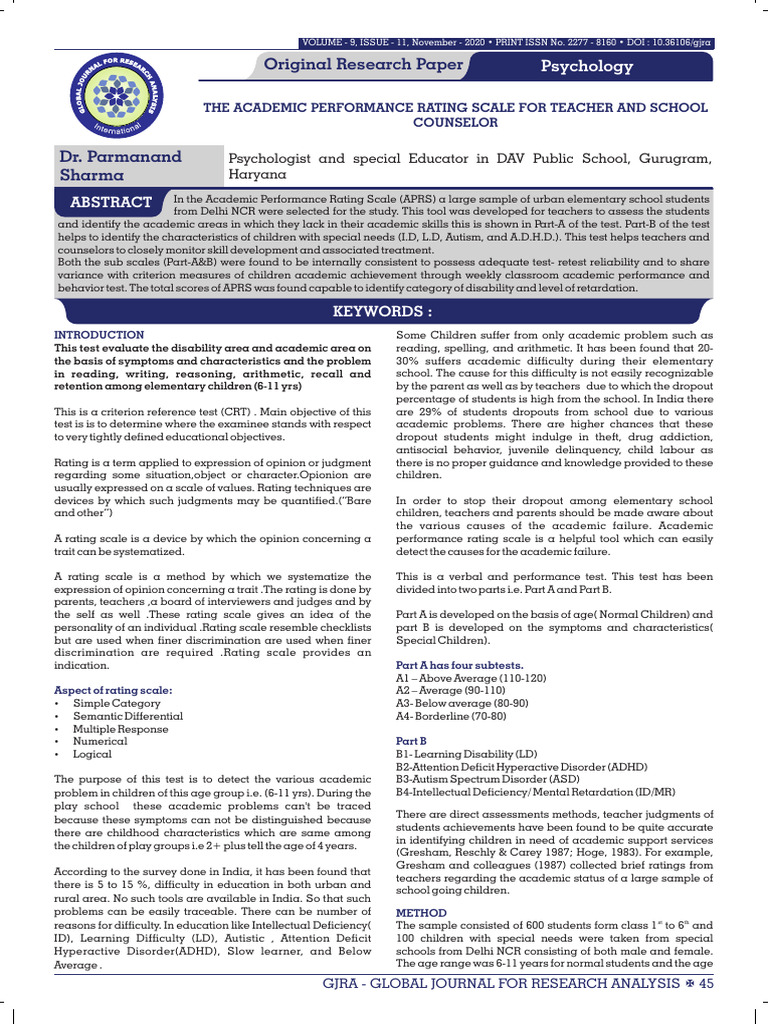 The Academic Performance Rating Scale For Teacher and School Counselor ...