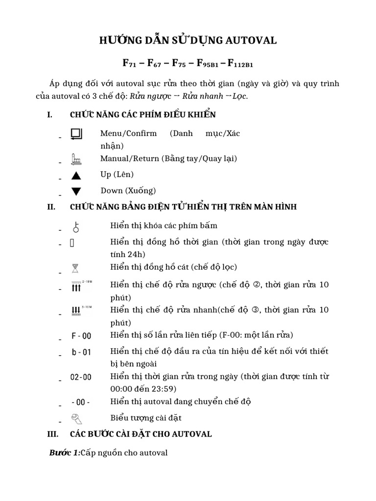 Hướng dẫn sử dụng Autoval F71; F67; F75; F95B ; F112B | PDF