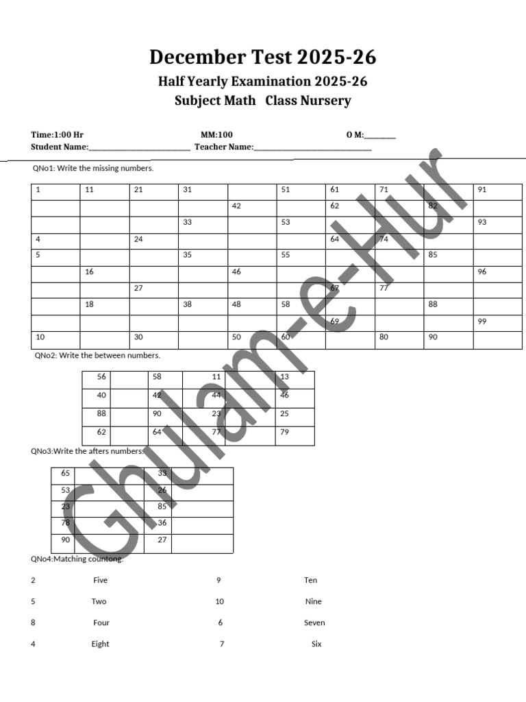 Nursery Math Half Yearly Exam 2025-26 | PDF