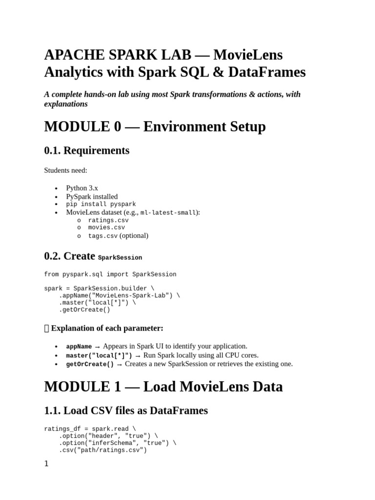 MovieLens Spark SQL Lab Guide | PDF | Apache Spark | Information Technology