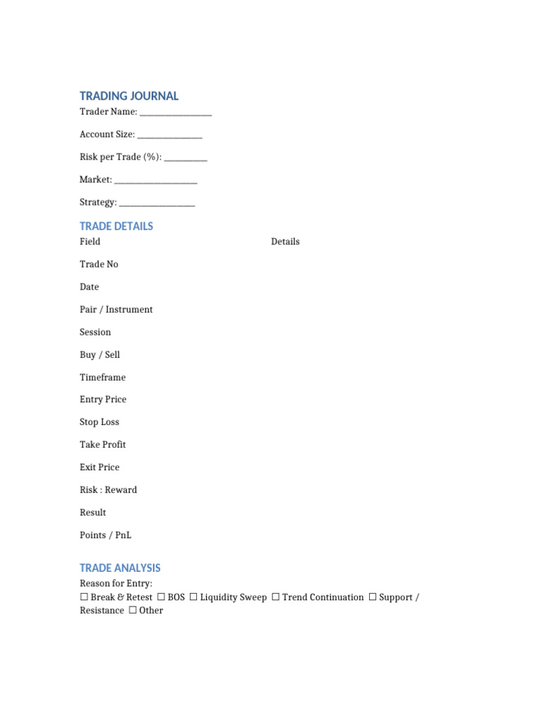 Trading Journal Template for Traders | PDF