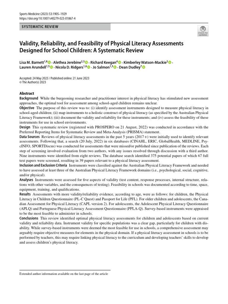 Physical Literacy Assessment Review for Schools | PDF | Validity ...