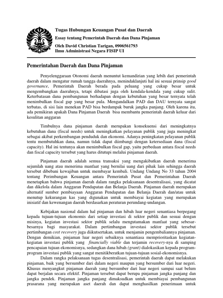 Essay Tentang Dana Pinjaman Daerah