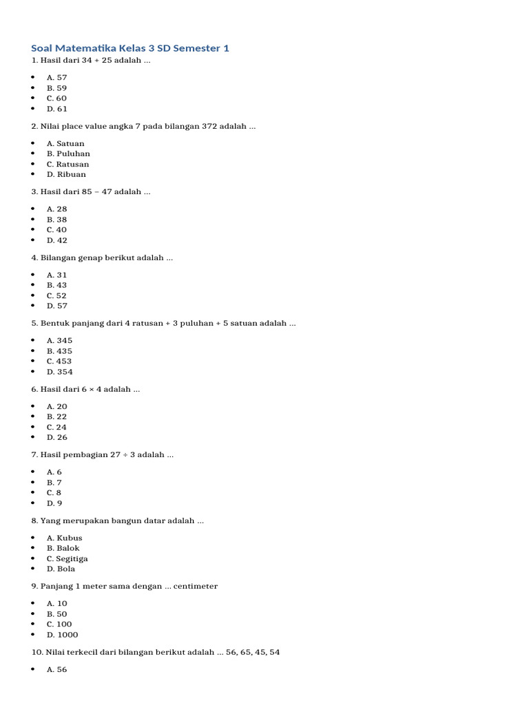 Soal Matematika Kelas 3 SD Semester 1 | PDF