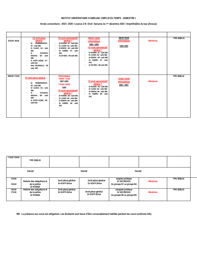 Emploi du temps Licence 2 Droit 2025-2026 | PDF