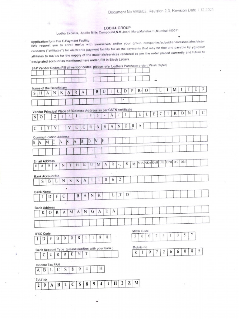 Lodha Vendor Payment Reg Form | PDF