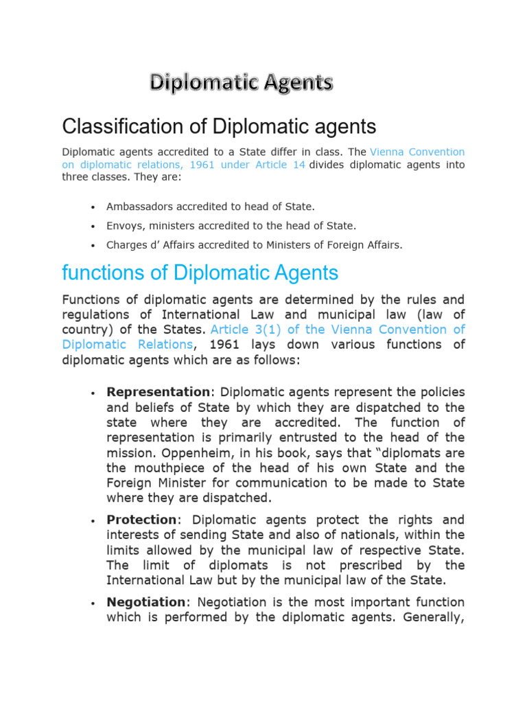 Types and Functions of Diplomatic Agents | PDF | Diplomacy | Diplomat