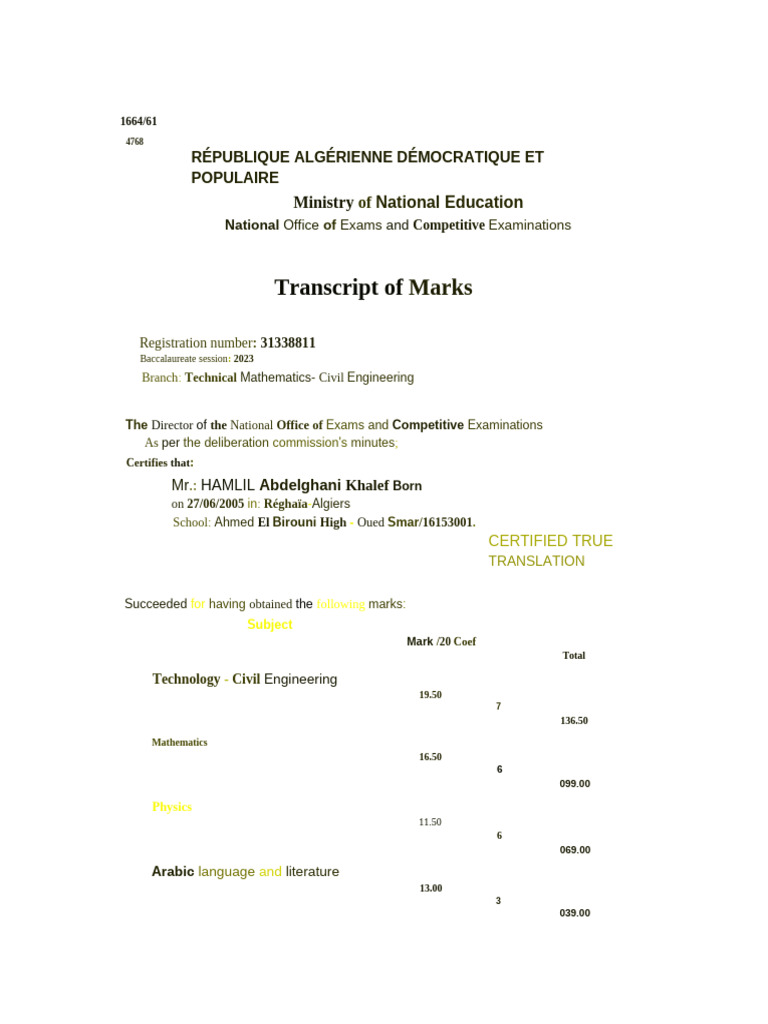Baccalaureate Transcript 2023: Civil Engineering | PDF