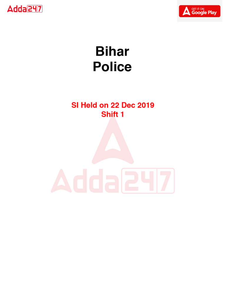 Bihar Police SI Previous Year Paper Held On 22 Dec 2019 Shift 1 Hindi | PDF
