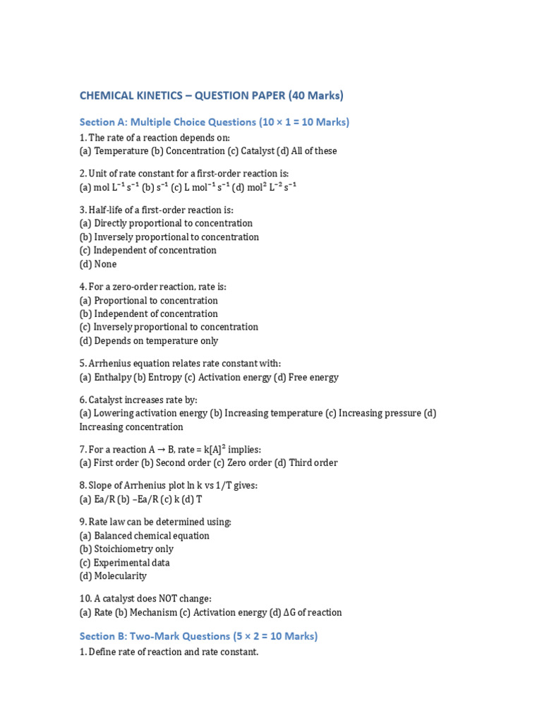 Chemical Kinetics Question Paper | PDF