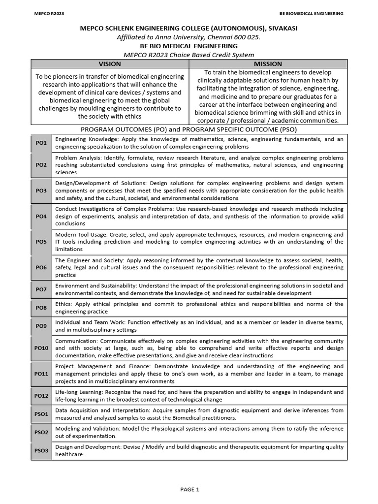 MEPCO BE Biomedical Engineering Syllabus | PDF | Engineering ...