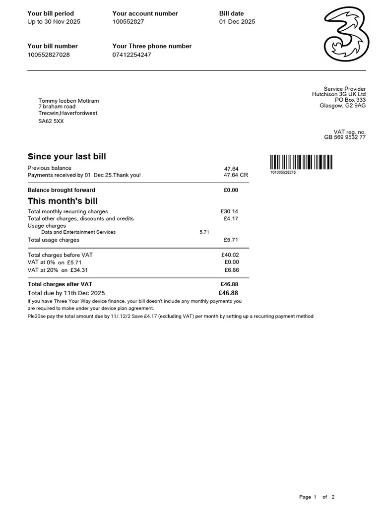 Three Mobile Bill Breakdown December 2025 | PDF | Telephone Call ...
