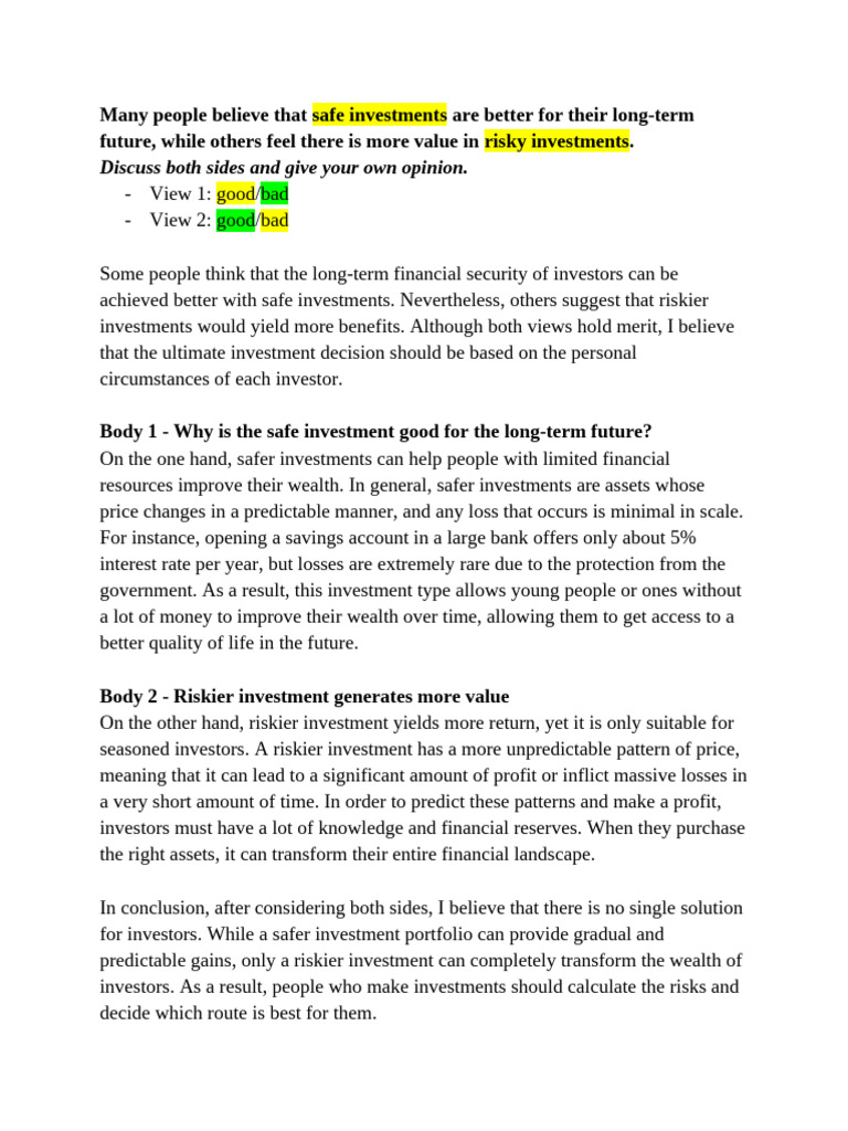 Safe vs. Risky Investments: A Balanced View | PDF
