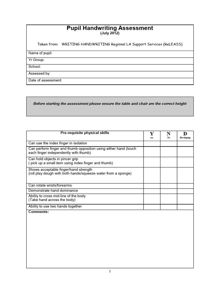 Pupil Handwriting Assessment Guide | PDF | Hand | Thumb