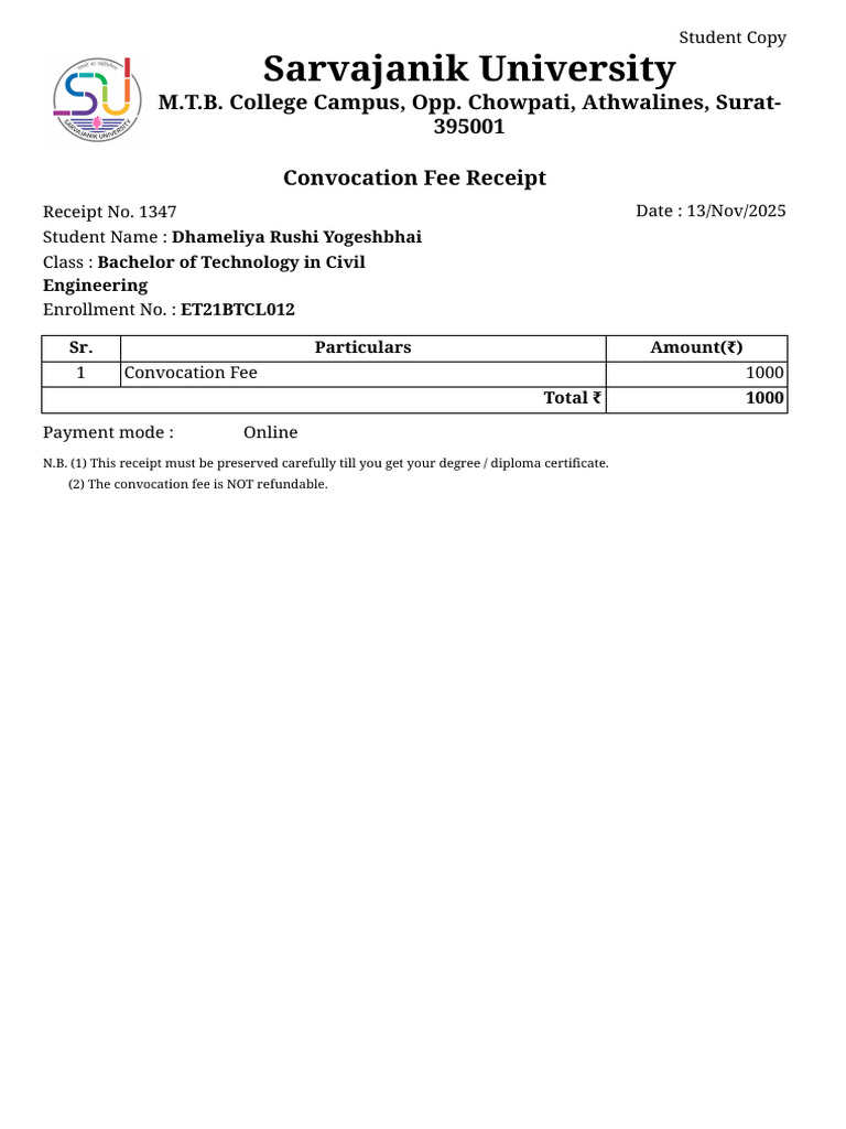 Convocation Fee Receipt for B.Tech Student | PDF