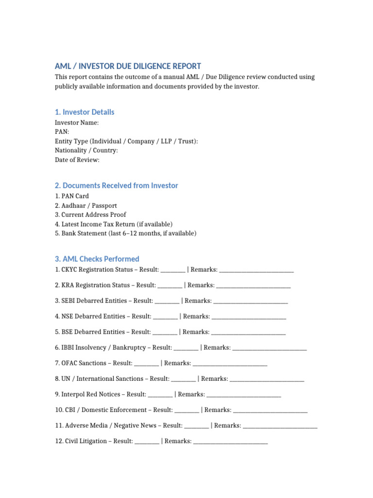 AML Investor Due Diligence Report Template | PDF | Due Diligence