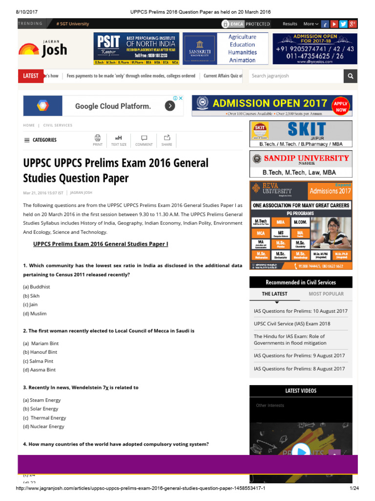 UPPCS Prelims 2016 Question Paper As Held On 20 March 2016 | PDF | Water