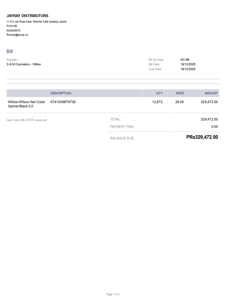 Bill for Willow Hair Color Purchase | PDF