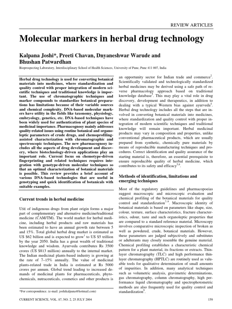 Molecular Markers in Herbal Medicine Technology PDF Pharmacognosy