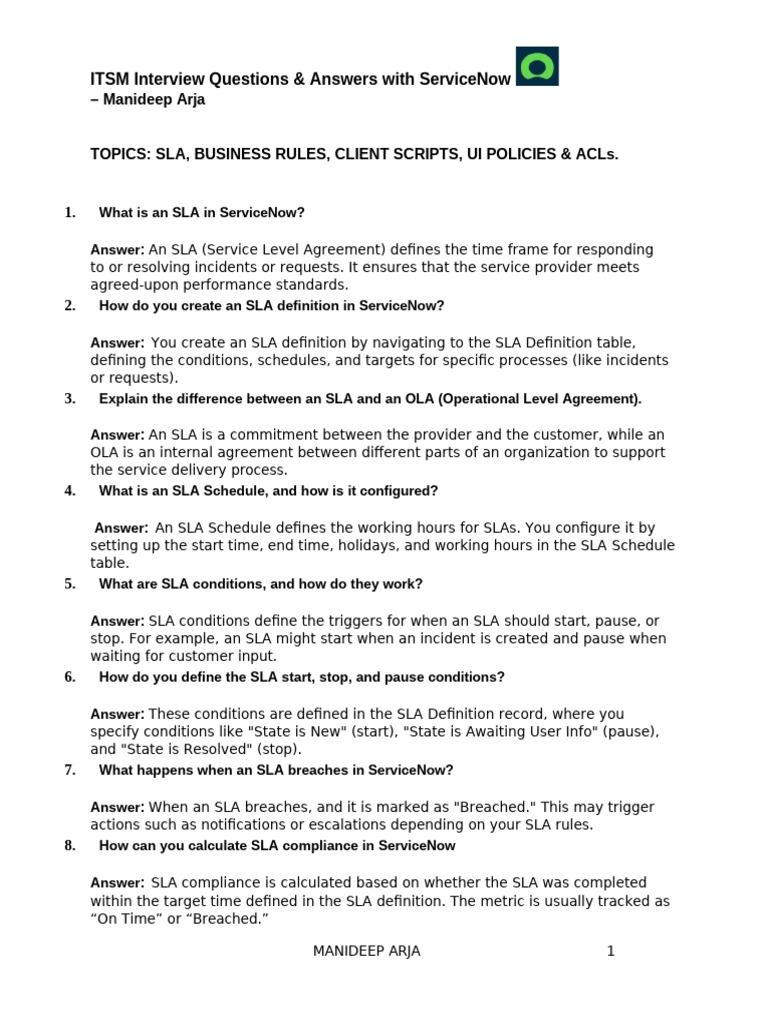 ServiceNow ITSM Interview Q&A Guide | PDF | Service Level Agreement ...