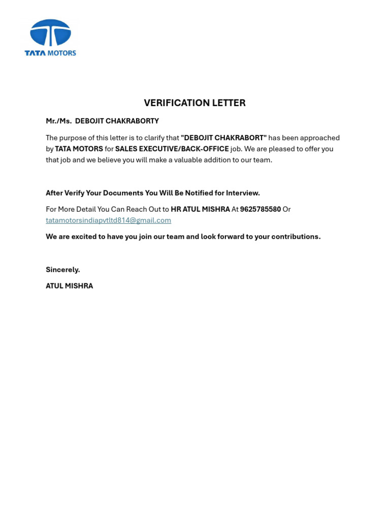 Debojit Chakraborty Verification Letter | PDF
