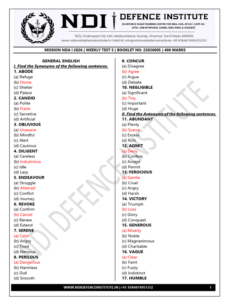 NDA 2026 Weekly Test 5: English Quiz | PDF | Adverb | Adjective