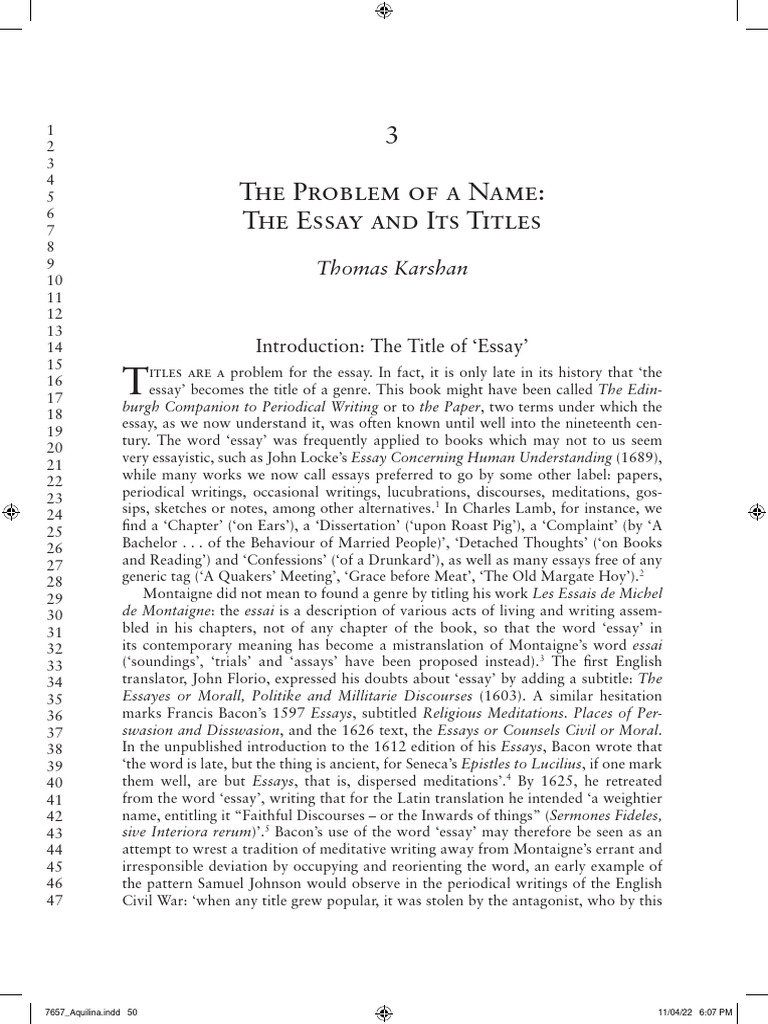 Thomas Karshan, The Problem of A Name - The Essay and Its Titles | PDF ...