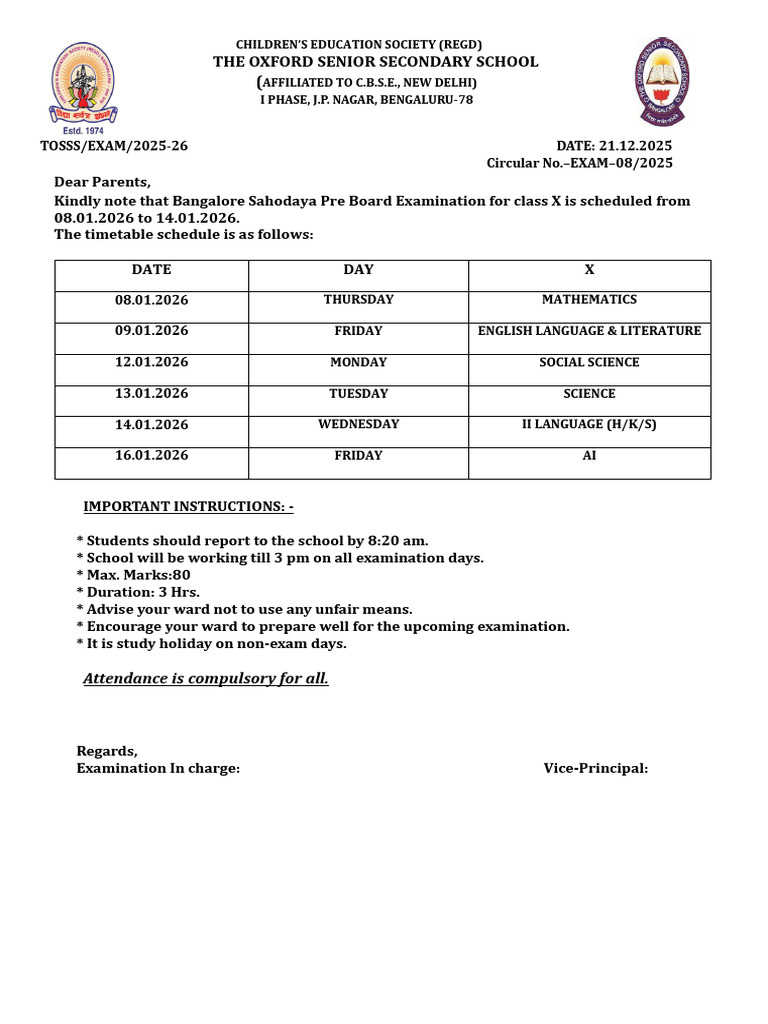 Class X Pre Board Exam Schedule 2026 | PDF