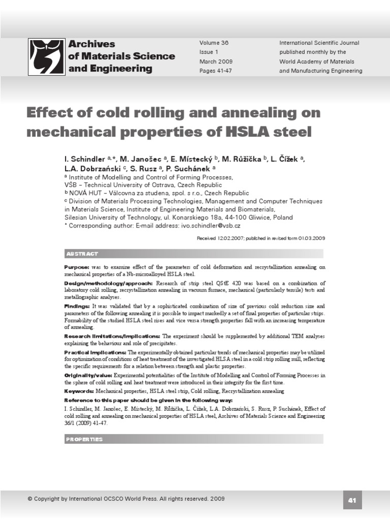 Effect of Cold Rolling and Annealing On Mechanical Properties of HSLA ...