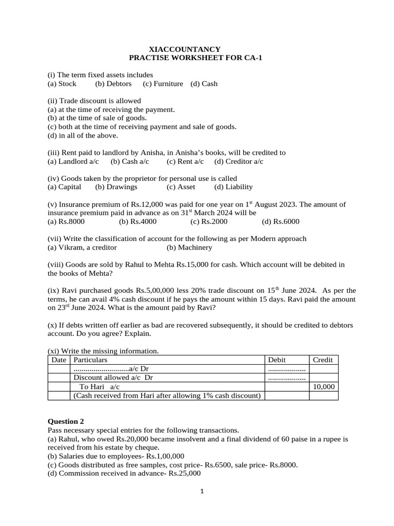 Practise Worksheet- CA1 | PDF | Debits And Credits | Banks