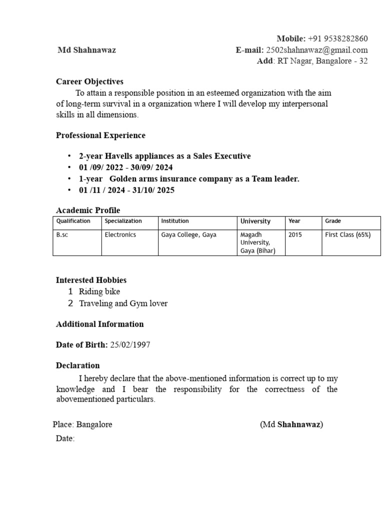 Md Shahnawaz - Sales Executive Resume | PDF