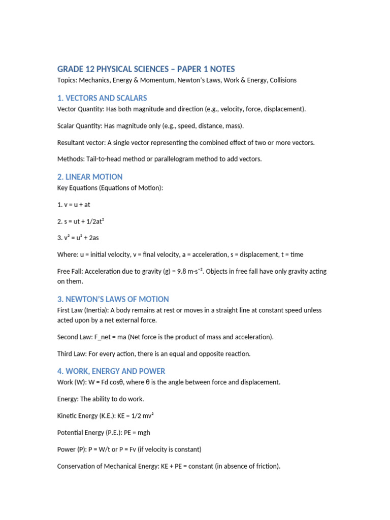 Grade 12 Physical Sciences Notes | PDF