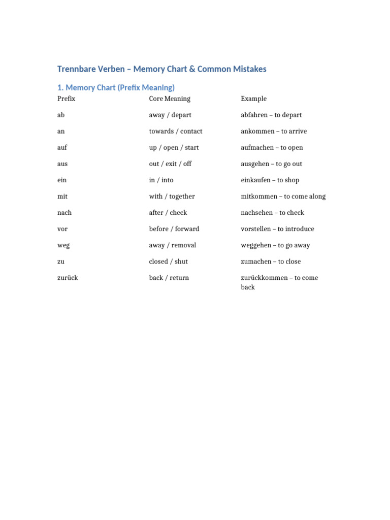 Trennbare Verben Memory Chart | PDF