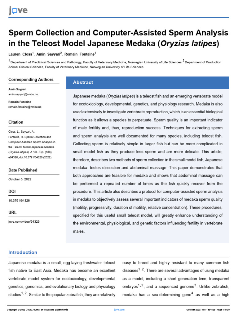 Sperm Collection and Computer-Assisted Sperm Analysis in The Teleost Model Japanese Medaka | PDF ... - Semen Collection And Analysis In Cats