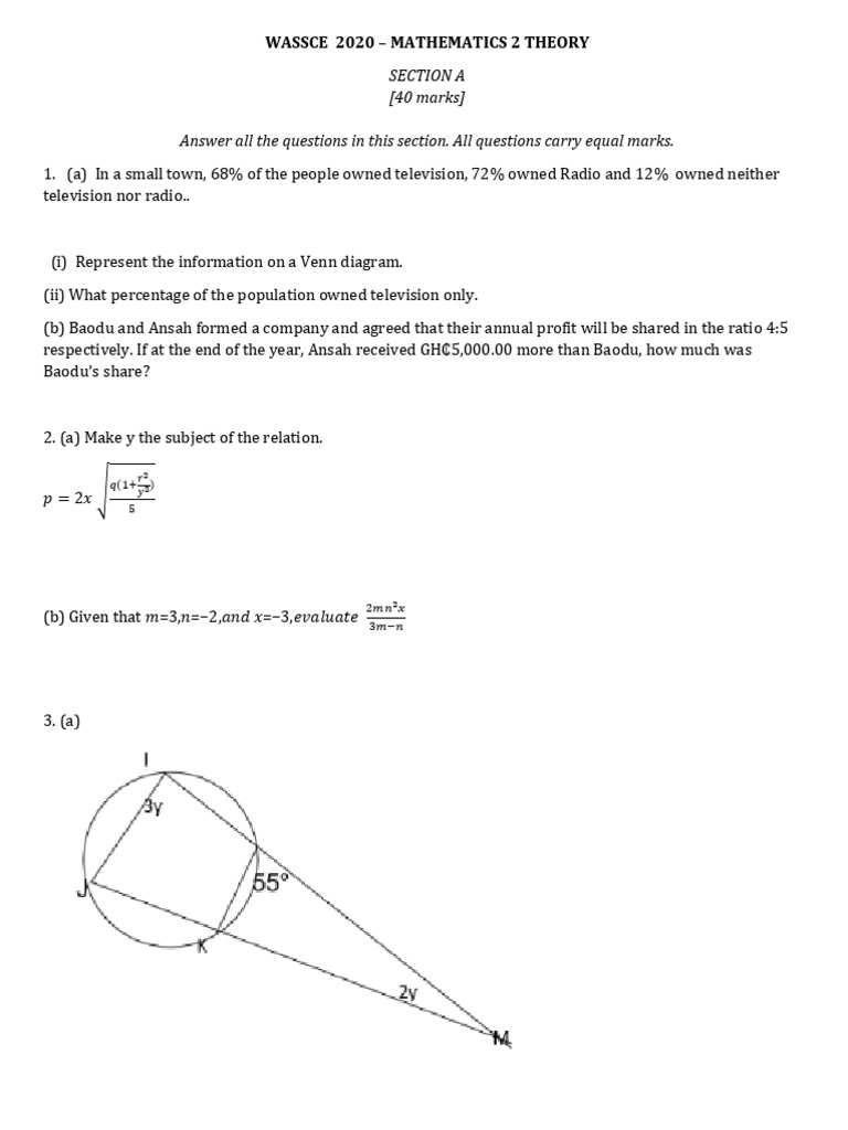 WASSCE 2020 Mathematics 2 Theory Exam | PDF | Cartesian Coordinate ...
