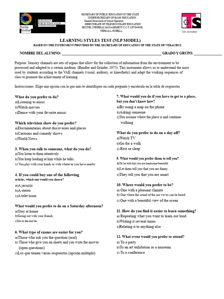 Learning Styles Test for Students | PDF | Learning Styles | Cognition