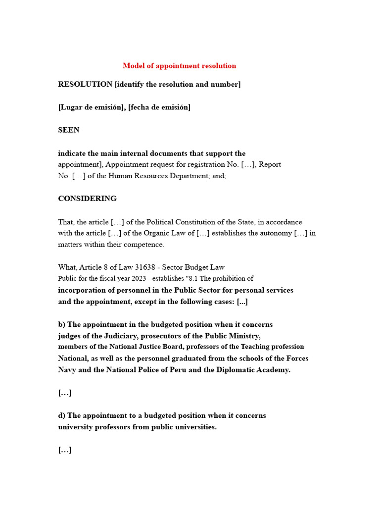 Appointment Resolution Model Document | PDF | Decree | Human Resources