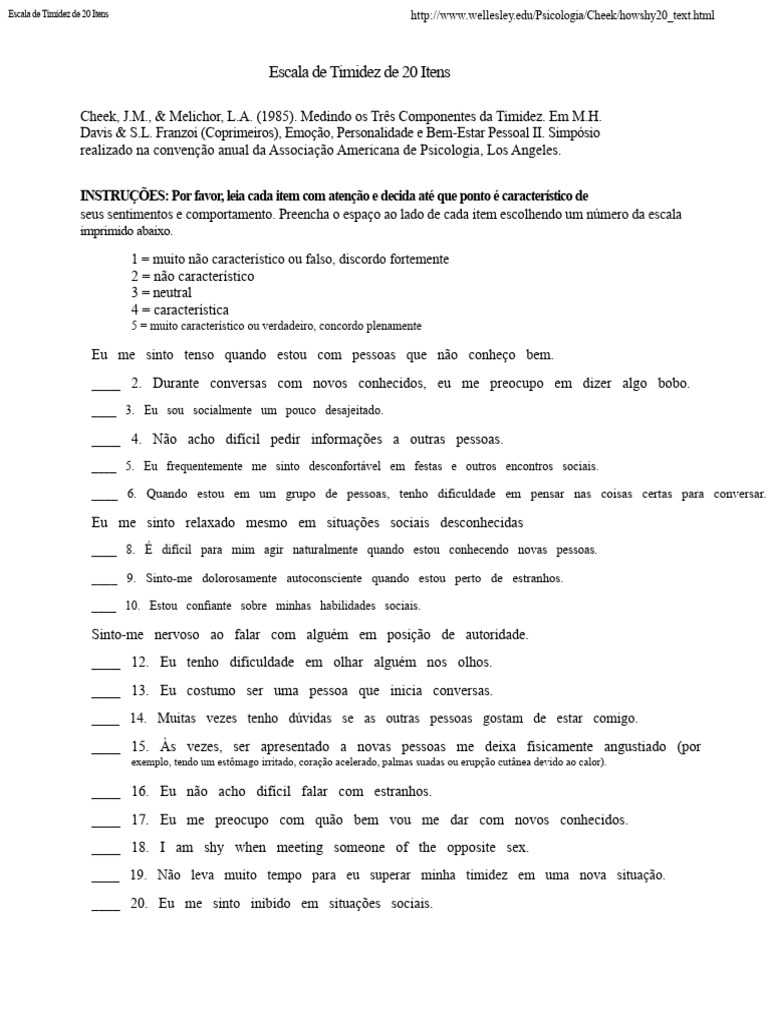 Escala de Timidez: Avaliação de Comportamentos | PDF | Conceitos ...