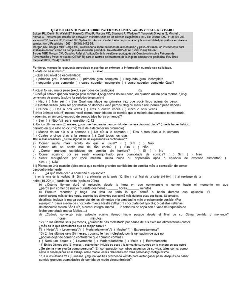Cuestionario QEWP-R sobre Alimentación y Peso | PDF | Trastorno por ...