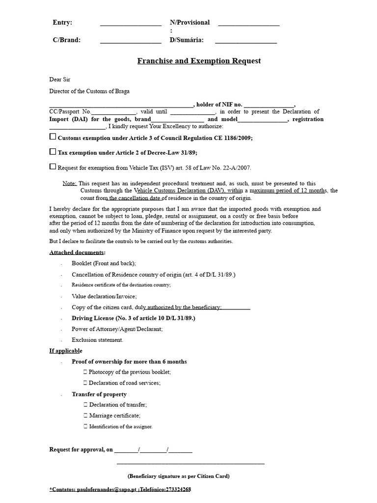 Franchise and Tax Exemption Request Form | PDF | Identity Document ...