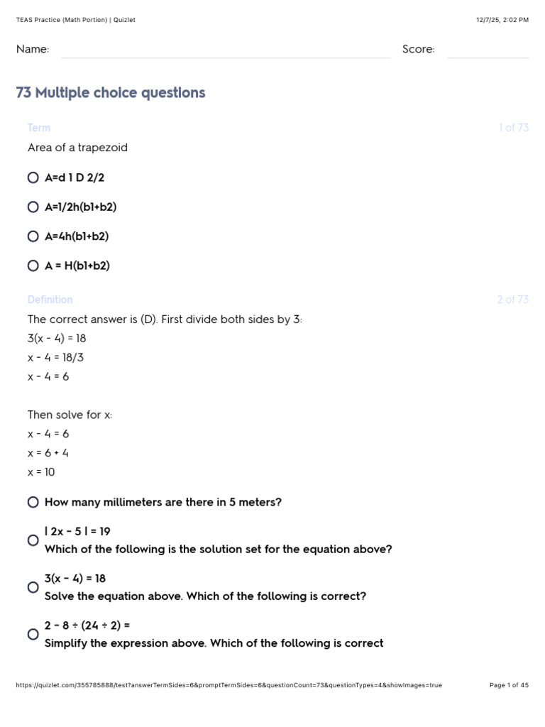 TEAS Math Practice Quizlet Guide | PDF | Decimal | Percentage