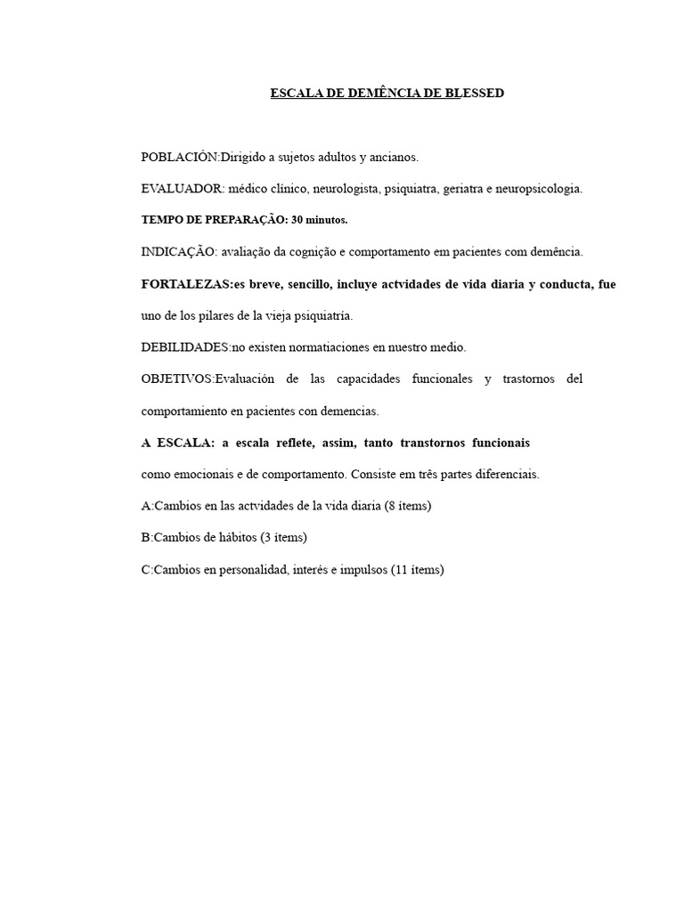 Avaliação da Demência: Escala de Blessed | PDF | Psiquiatria ...