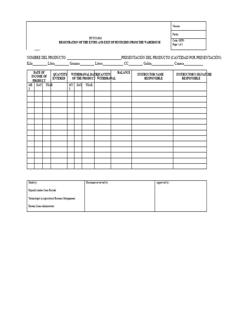 Format for Entry and Exit of Agrochemicals Warehouse | PDF