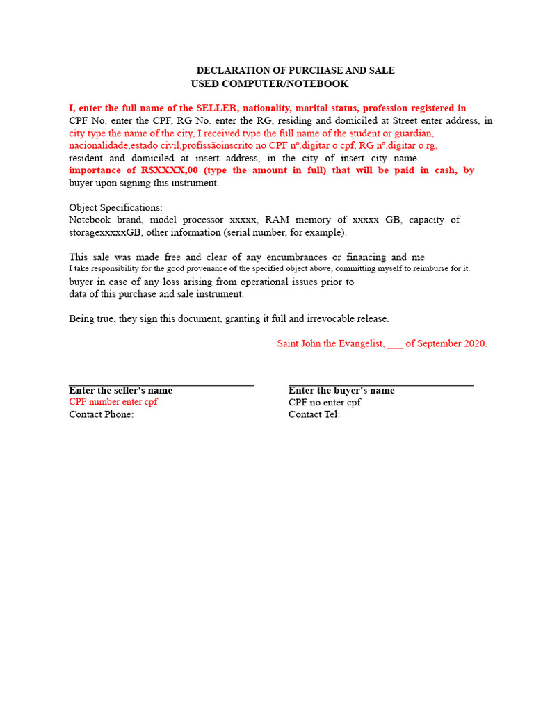 Purchase and Sale Declaration Model | PDF | Laptop